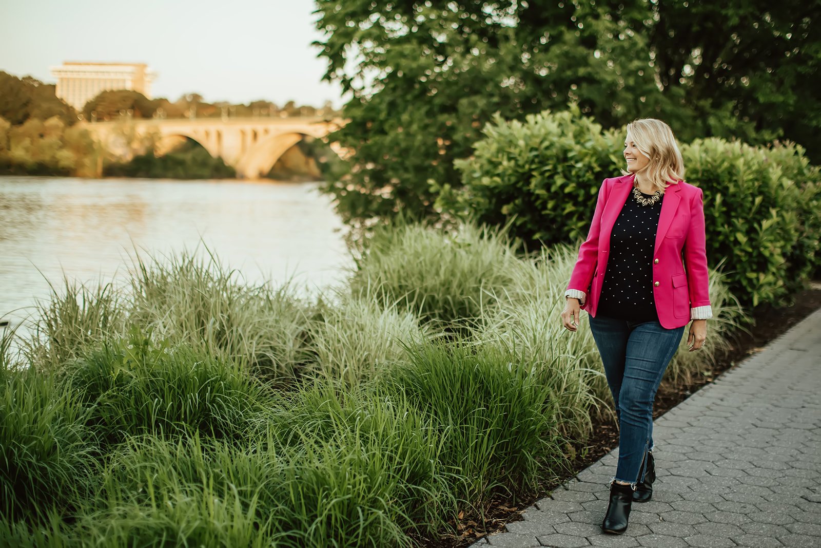 Suzanne Roske walking along the Potomac riverside path in Georgetown